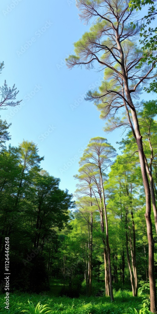 Green forest panorama with lush vegetation, tall trees, and a clear blue sky, wilderness Green forest panorama with lush vegetation, tall trees, and a clear blue sky, wilderness