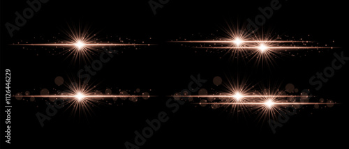 Sparkle effect set. Glowing light bursts, radiant star beams, luminous particles, glittering effects, and bright streaks of light for decoration, emphasis, and design elements.