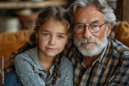 A senior man and a young girl both with curly hair sharing a profound look in an indoor setting