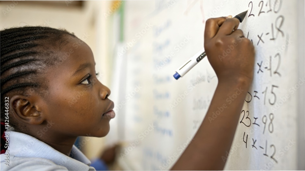 Focused young student solving math problems on classroom whiteboard Focused young student solving math problems on classroom whiteboard