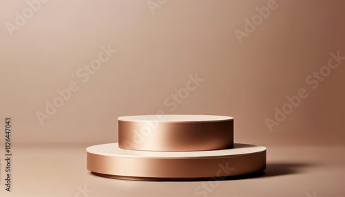 Podium with golden round platform for product display at exhibitions or presentations