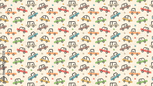 Cute colorful cars hand drawn background pattern