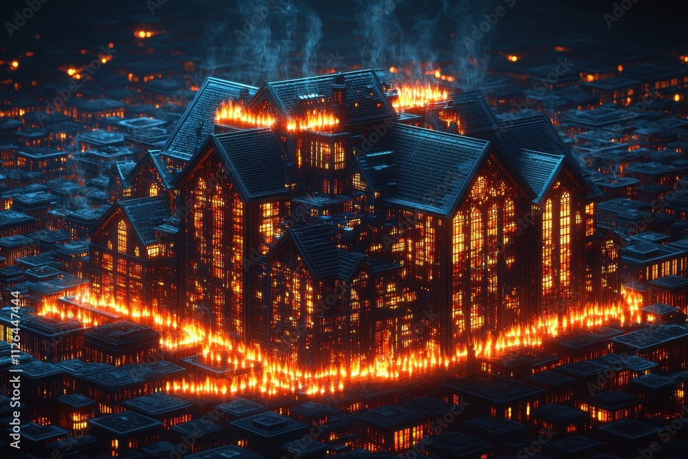 Fototapeta premium Burning Gothic Building in a Cityscape Digital Art
