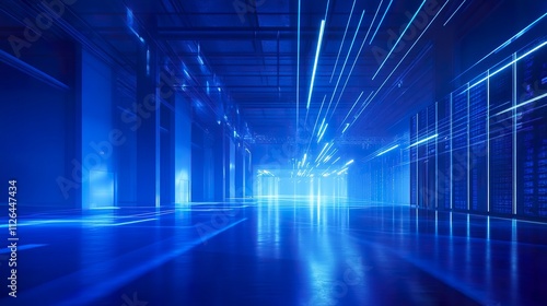 Blue-lit server room interior with glowing lines, showcasing technology and data infrastructure.