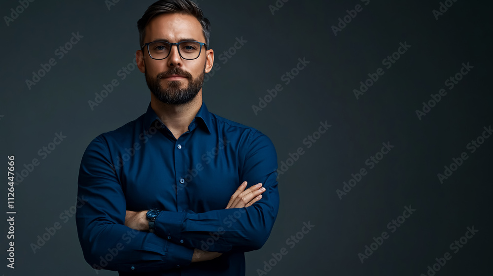 Fototapeta premium A modern businessman in a deep blue shirt, standing with his arms crossed against a gray backdrop.