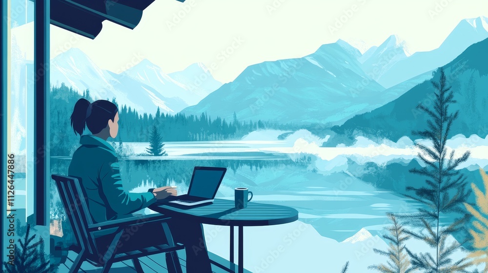 Obraz premium Serene Mountain View, Woman Working On Laptop, Beautiful Landscape, Calm Lake, Scenic Mountains And Forest