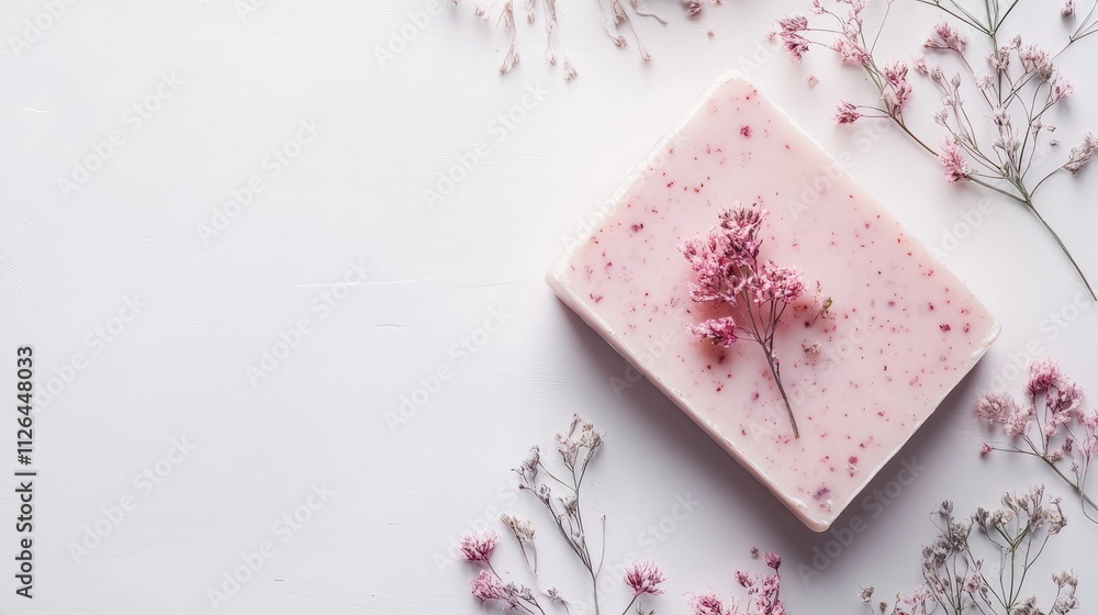 Handmade floral soap bar surrounded by delicate dried flowers on a clean white acrylic background Handmade floral soap bar surrounded by delicate dried flowers on a clean white acrylic background