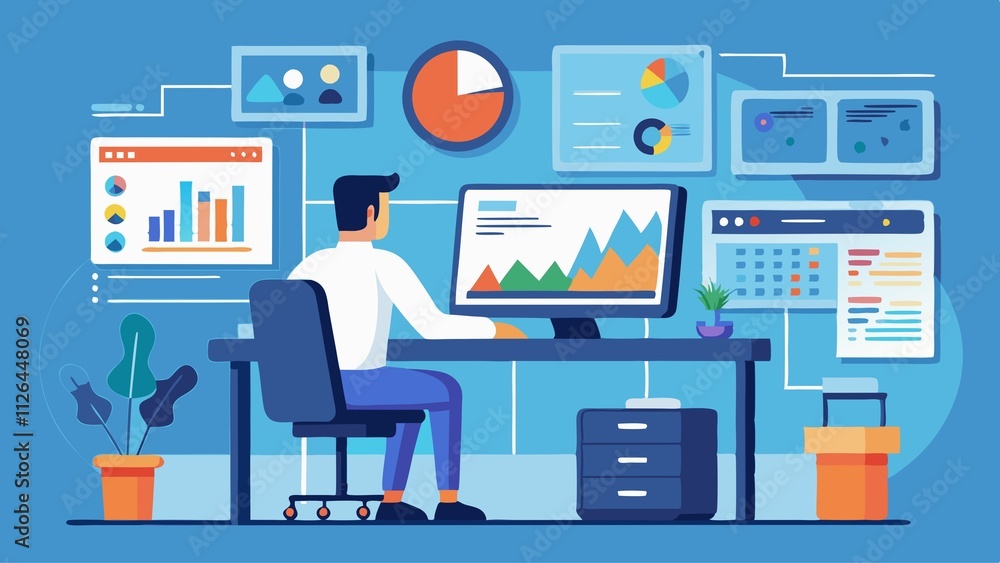 A man is sitting at a desk with a computer monitor A man is sitting at a desk with a computer monitor