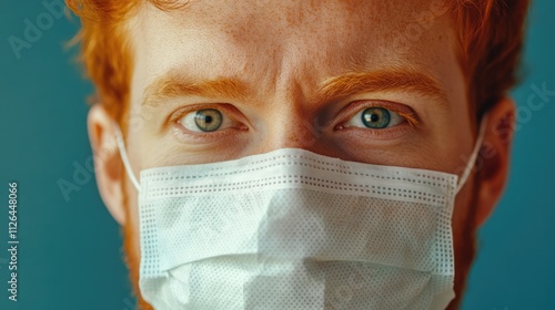 Ginger man wearing a medical mask focused on protecting himself from the COVID-19 pandemic against a solid blue background photo