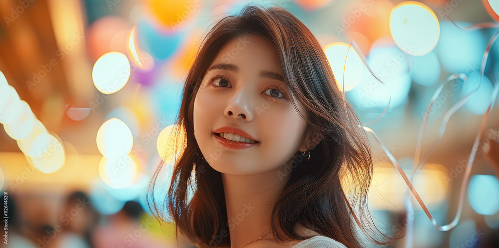 Asian women with a naturally glowing complexion and a sweet, heartwarming smile, standing in an upscale, brightly lit VIP lounge. The space is decorated with floating balloons and vibrant ribbons. Asian women with a naturally glowing complexion and a sweet, heartwarming smile, standing in an upscale, brightly lit VIP lounge. The space is decorated with floating balloons and vibrant ribbons.