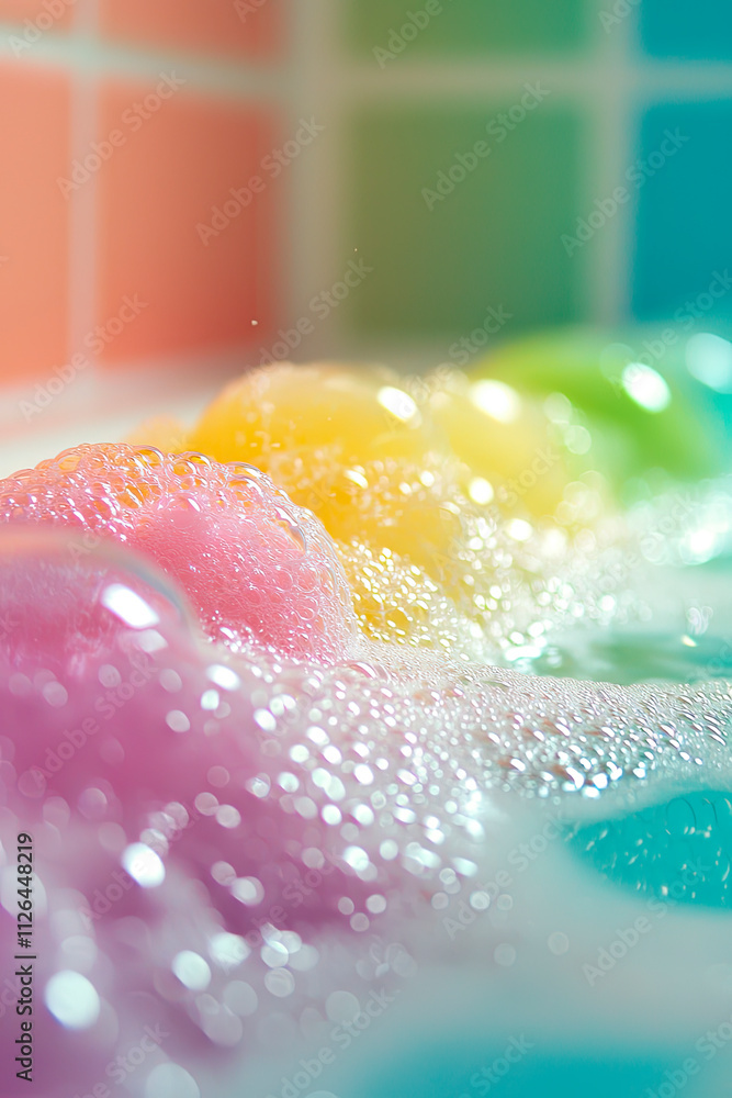 Fototapeta premium Foam in the bath with multi-colored lighting. Selective focus.