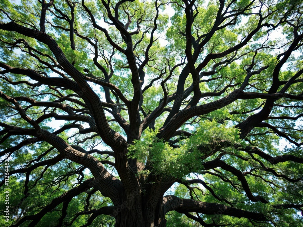 Fototapeta premium A majestic live oak tree with sweeping branches and lush green foliage, captured from a dramatic angle, majestic