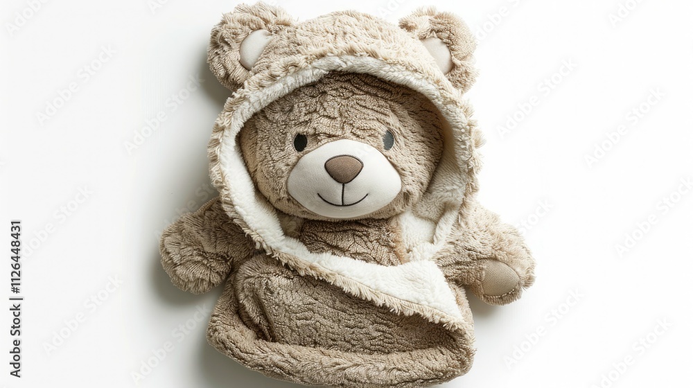 A cozy, baby towel in a cuddly bear shape with a soft Sherpa lining and sweet expression, hanging isolated on a white background A cozy, baby towel in a cuddly bear shape with a soft Sherpa lining and sweet expression, hanging isolated on a white background
