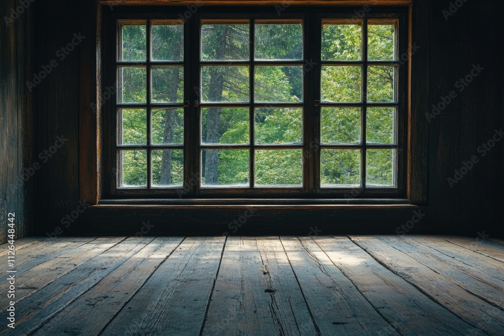 A serene wooden room with large windows, showcasing lush green trees outside under a misty atmosphere. A serene wooden room with large windows, showcasing lush green trees outside under a misty atmosphere.