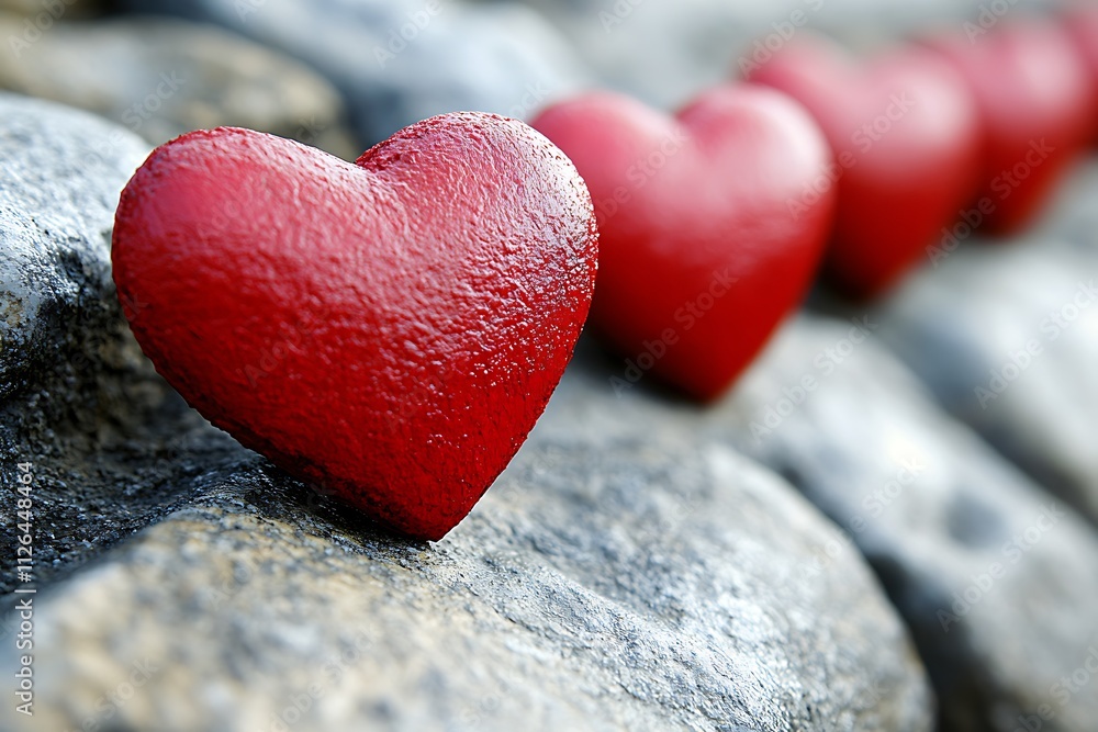 Fototapeta premium Red Hearts on Stones: A row of heart-shaped stones, painted in vibrant red, are arranged on a bed of weathered grey stones, creating a striking visual contrast and a sense of love and affection. 