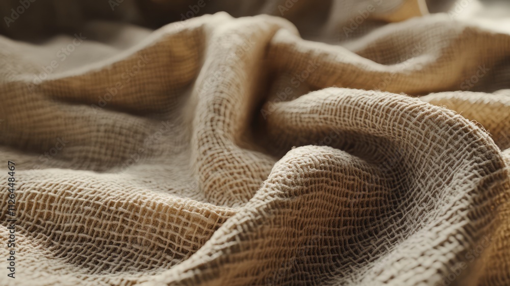 Close-up of crumpled beige fabric texture with intricate woven pattern, highlighting softness and depth, suitable for fashion, textiles, or interior design use. Close-up of crumpled beige fabric texture with intricate woven pattern, highlighting softness and depth, suitable for fashion, textiles, or interior design use.