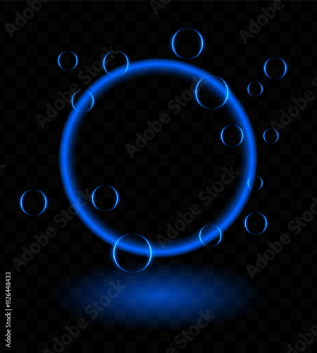 Blue neon magic ring effect. Glowing circular frame vibrant neon light, floating translucent orbs, soap bubbles, wallpaper, futuristic, tech-inspired, or decorative designs.