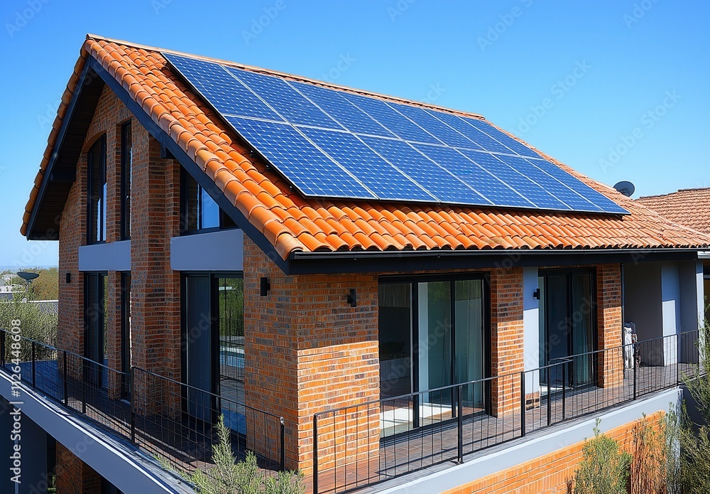 The roof of the residential building is equipped with solar panels. The roof of the residential building is equipped with solar panels.