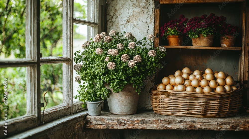 Rustic Spring Still Life Flowers Eggs Window Pot Basket Plants Rustic Spring Still Life Flowers Eggs Window Pot Basket Plants