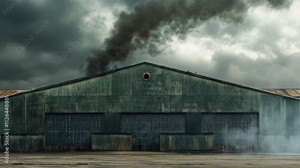 Industrial factory building with weathered exterior and smoke against a dramatic cloudy sky conveying a sense of decay and industrialization. Industrial factory building with weathered exterior and smoke against a dramatic cloudy sky conveying a sense of decay and industrialization.