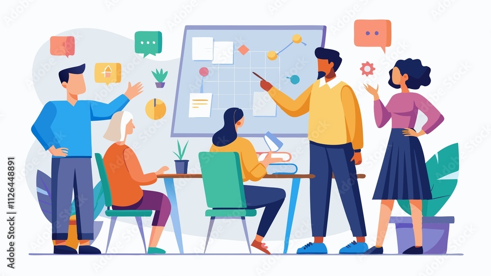 A group of people are gathered around a white board with a man pointing at it A group of people are gathered around a white board with a man pointing at it