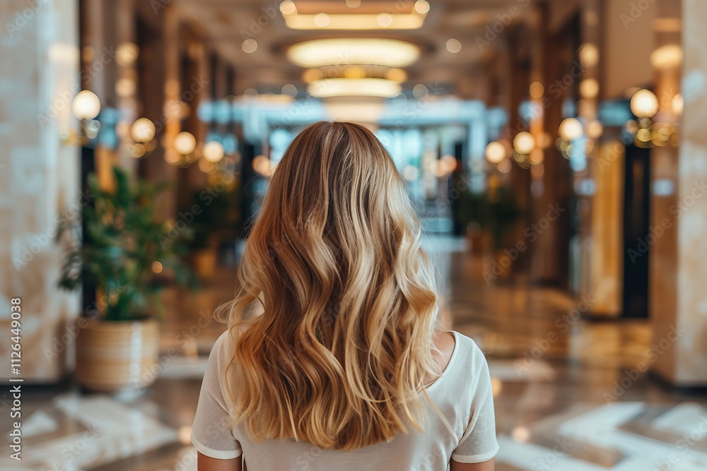 Generative AI Image of a Female Traveler Arriving in Hotel Corridor for Vacation Generative AI Image of a Female Traveler Arriving in Hotel Corridor for Vacation