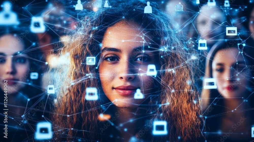Woman's face, digital network, connections, data streams.