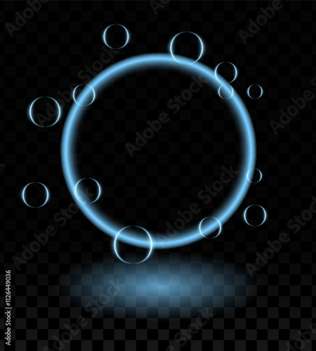 Blue neon magic ring effect. Glowing circular frame vibrant neon light, floating translucent orbs, soap bubbles, wallpaper, futuristic, tech-inspired, or decorative designs.