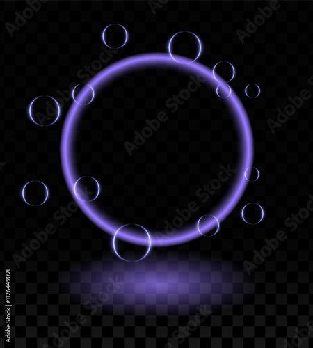 Purple neon magic ring effect. Glowing circular frame vibrant neon light, floating translucent orbs, soap bubbles, wallpaper, futuristic, tech-inspired, or decorative designs.