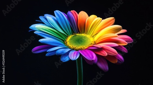 Colorful close-up of a vibrant gerbera daisy showcasing its multicolored petals against a dark background.