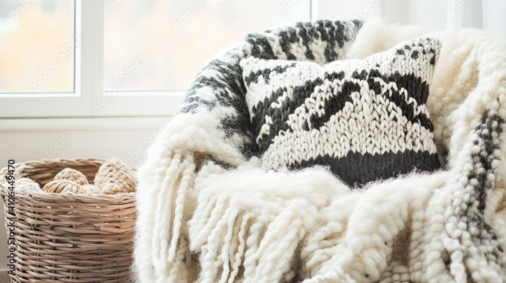 Cozy white interior with a knitted pillow and blanket in a wooden basket creating a warm and inviting atmosphere Cozy white interior with a knitted pillow and blanket in a wooden basket creating a warm and inviting atmosphere