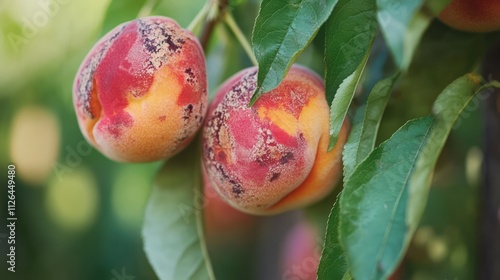 Peach leaves affected by Taphrina fungus, featuring damaged and discolored foliage alongside ripe peaches in a vibrant vegetable garden setting, agriculture, horticulture, plant disease. photo