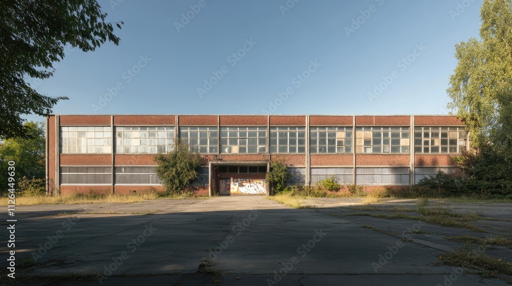 Abandoned factory building with large windows and overgrown vegetation on a clear day showcasing urban decay and industrial architecture Abandoned factory building with large windows and overgrown vegetation on a clear day showcasing urban decay and industrial architecture