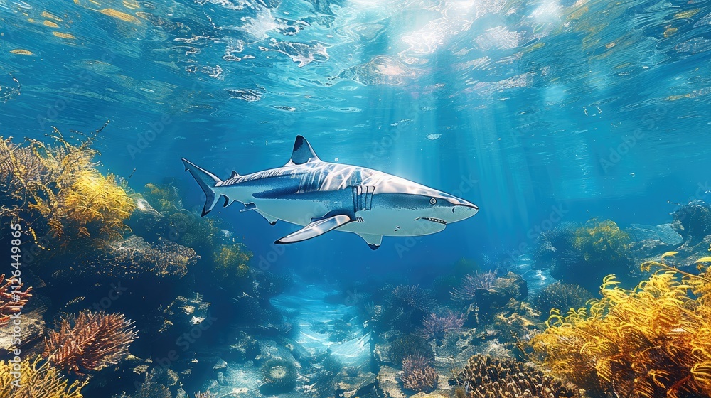 Fototapeta premium The deep sea with a shark swimming in it.