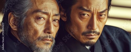 Serious Asian Men Portraits Samurai Film Still Close Up Dramatic Intense Focused Faces Expressions photo