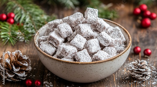 A bowl of holiday Puppy Chow snack dusted with powdered sugar, set on a rustic wooden table with sprigs of pine and red berries photo