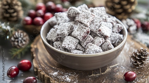 A bowl of holiday Puppy Chow snack placed on a wooden slab, surrounded by cranberries and snow-dusted pinecones photo