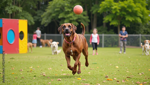 Fototapeta Naklejka Na Ścianę i Meble -  Excited dog chasing a ball at a park with children