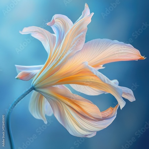 Peach lily flower with flowing petals against a blue background. photo