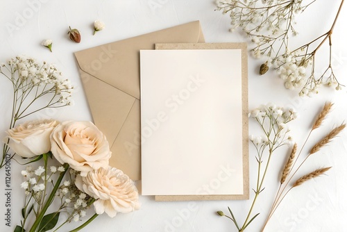 Minimalistic mockup with blank invitation, beige roses, and delicate dried flowers. Perfect for wedding, event branding, or stationary presentations.