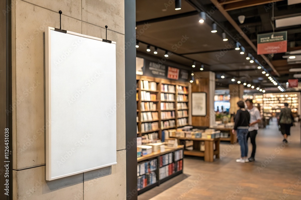 A white A2-size blank mockup poster hanging in a modern bookstore with a concrete wall and bookshelves in the background. Perfect for advertising or branding projects.