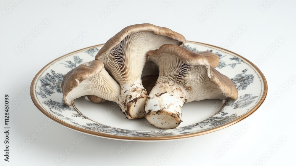 Fresh trumpet mushrooms displayed elegantly on a decorated plate against a neutral background for culinary and food photography. Fresh trumpet mushrooms displayed elegantly on a decorated plate against a neutral background for culinary and food photography.