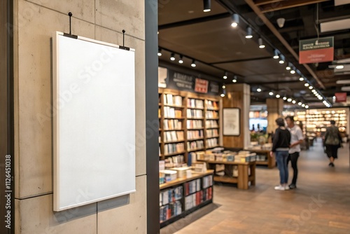 A white A2-size blank mockup poster hanging in a modern bookstore with a concrete wall and bookshelves in the background. Perfect for advertising or branding projects. photo