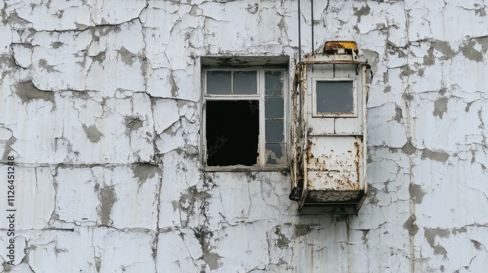 Crane lifter for facade restoration of a panel building showing cracked and deteriorating surface with grout application visible. Crane lifter for facade restoration of a panel building showing cracked and deteriorating surface with grout application visible.