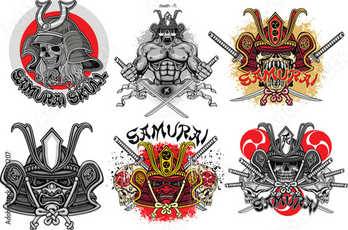 set, japanese, samurai helmet and skull, ,grunge vintage design t shirts