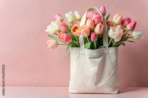 A white canvas tote bag mockup filled with pastel tulips against a soft pink background. Ideal for Mother's Day, Valentine's Day, weddings, or spring-themed designs with copy space.