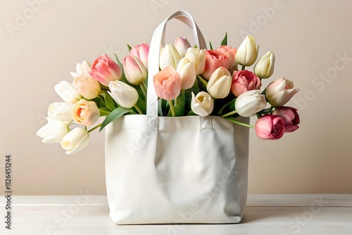 A white canvas tote bag mockup filled with pastel tulips, set against a neutral beige background. Perfect for seasonal themes like spring, Easter, weddings, or gifting.