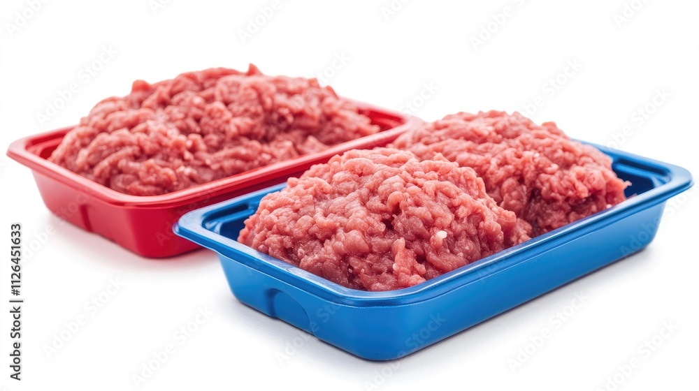 Raw minced beef in red and blue trays on a white background fresh meat product for cooking and meal preparation high-quality food photography Raw minced beef in red and blue trays on a white background fresh meat product for cooking and meal preparation high-quality food photography