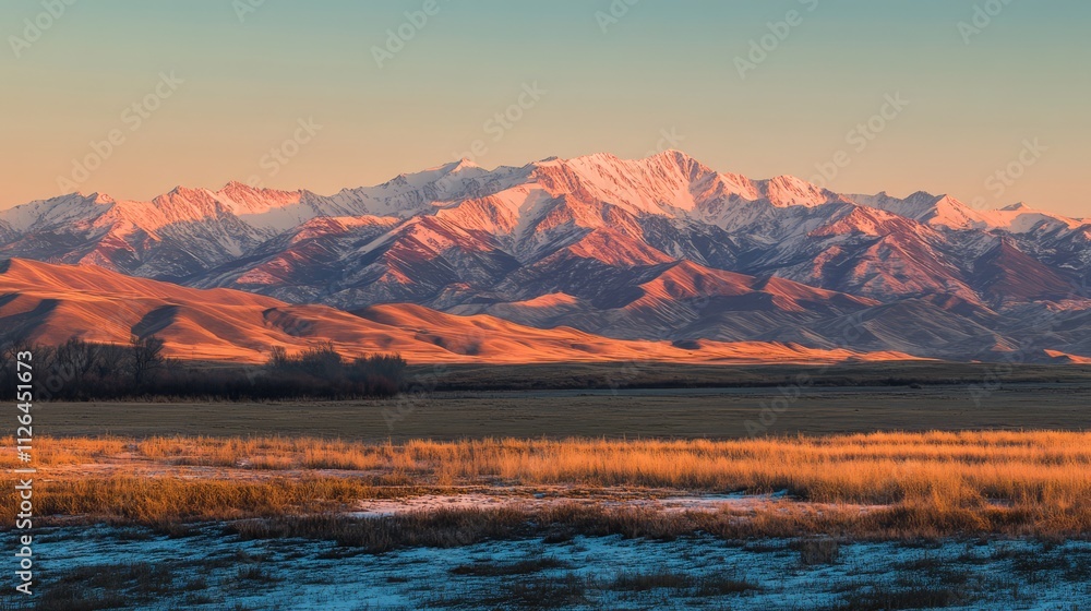 Majestic mountain range illuminated by golden hour light showcasing snow-capped peaks and lush valleys in a tranquil landscape. Majestic mountain range illuminated by golden hour light showcasing snow-capped peaks and lush valleys in a tranquil landscape.