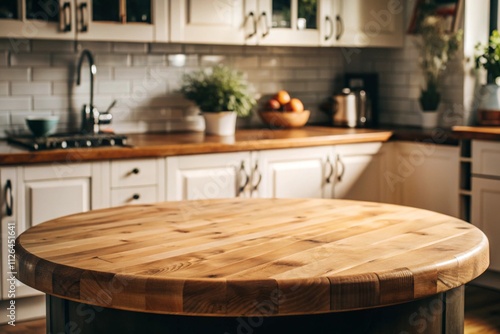 Rustic kitchen interior with a round wooden table in the foreground, surrounded by warm lighting, white cabinetry, and natural decor. Perfect for cozy home or cooking-related themes. photo